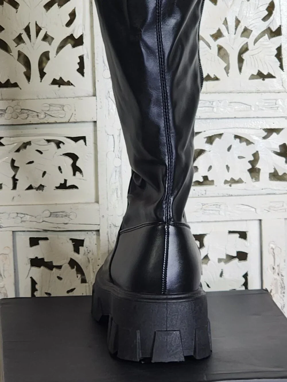 Fashion Nova Black Chunky Sole Play It Off Over The Knee Faux Leather Boots 8.5
